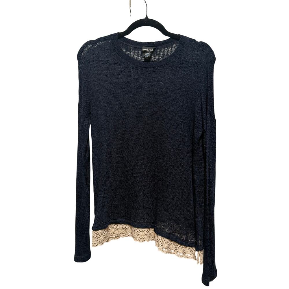 Vintage Wet Seal Sweater Women's Large Blue Sheer Lace Trim
